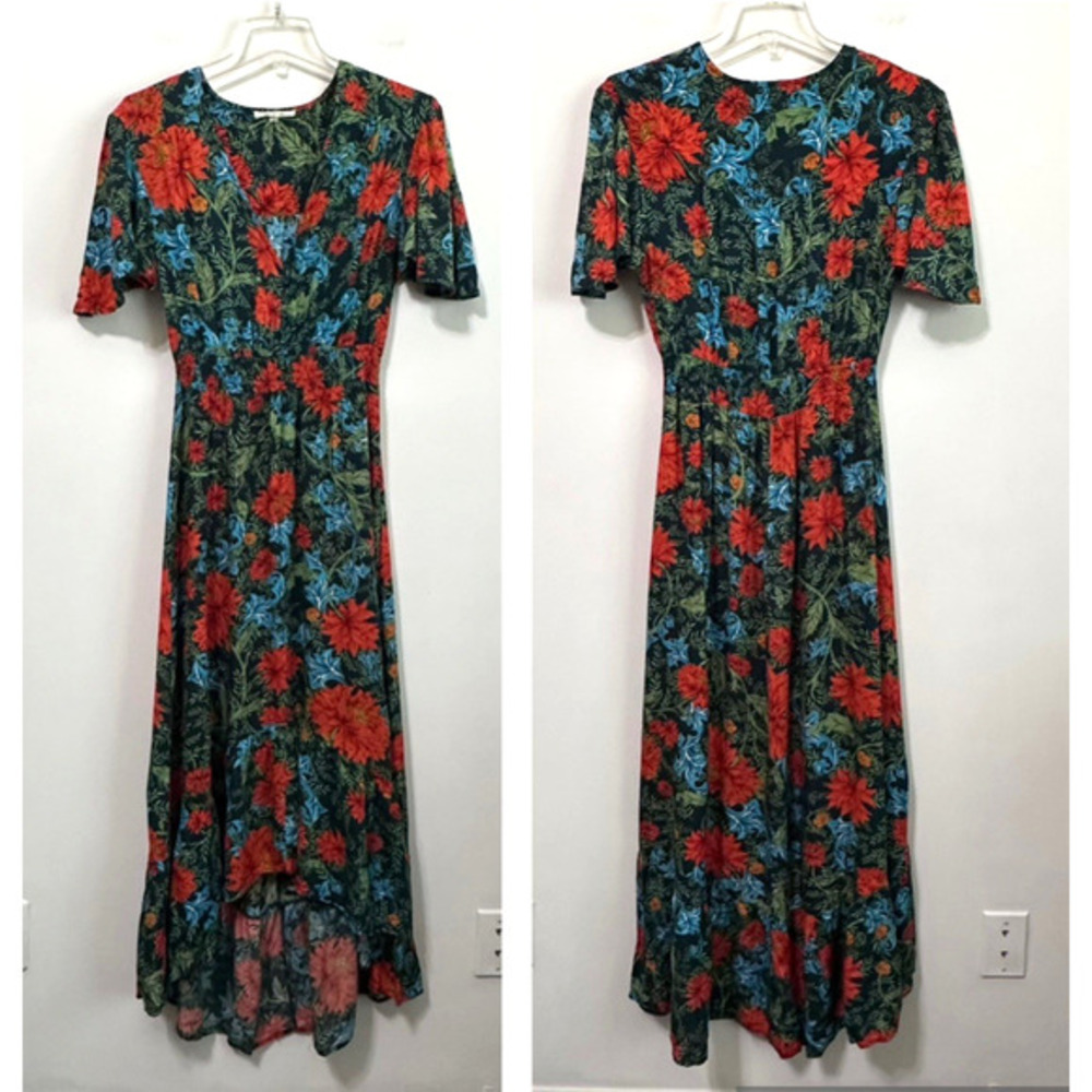 Abel The Label Dress XS Midi Fantasy Tropical High Low Smoked Waist Henley Party